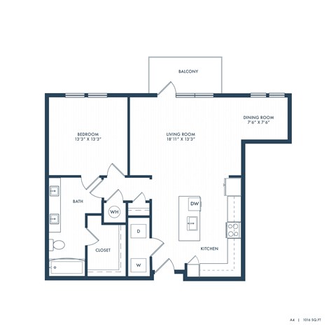 Floor plan for 1 bed, 1 bath, 1016 sqft